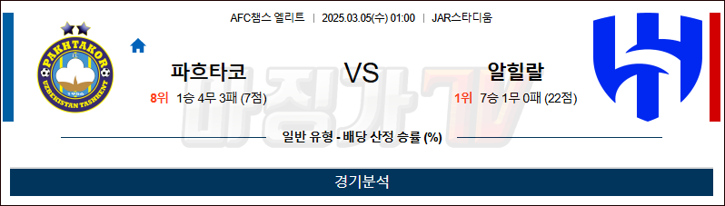 03월 05일 AFC 챔피언스리그 파크타코르 타슈켄트 알 힐랄 해외축구분석 무료중계 스포츠분석