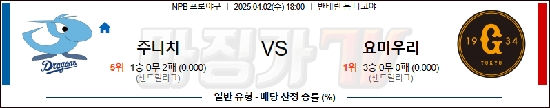 04월 02일 NPB 주니치 요미우리 KBO/NPB분석 무료중계 스포츠분석