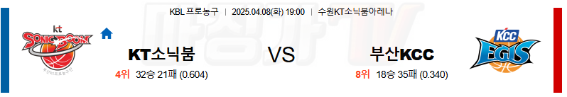 04월 08일 KBL 수원 KT 부산 KCC 국내농구/배구분석 무료중계 스포츠분석