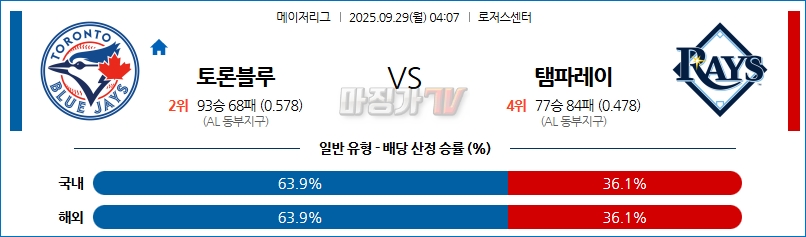 2025-09-29 MLB 토론토 탬파베이 MLB분석 무료중계 스포츠분석 관련 이미지