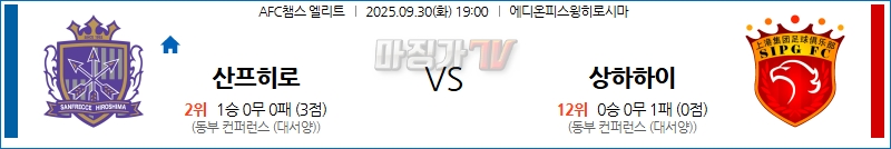 2025-09-30 AFC 챔피언스리그 산프레체 히로시마 상하이 하이강 해외축구분석 무료중계 스포츠분석 관련 이미지