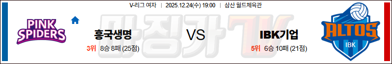 2025-12-24 V-리그 여자부 흥국생명 IBK 기업은행 국내농구/배구분석 무료중계 스포츠분석 관련 이미지