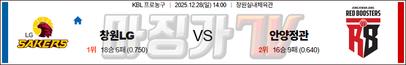 2025-12-28 KBL 창원 LG 안양 정관장 국내농구/배구분석 무료중계 스포츠분석 관련 이미지