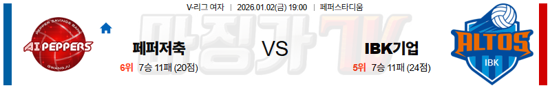 2026-01-02 V-리그 여자부 페퍼저축은행 IBK 기업은행 국내농구/배구분석 무료중계 스포츠분석 관련 이미지