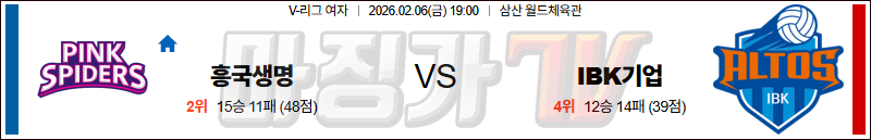 2026-02-06 V-리그 여자부 흥국생명 IBK 기업은행 국내농구/배구분석 무료중계 스포츠분석 관련 이미지