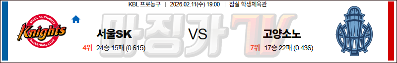 2026-02-11 KBL 서울 SK 고양 소노 국내농구/배구분석 무료중계 스포츠분석 관련 이미지