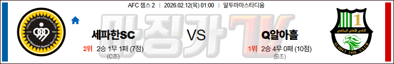 2026-02-12 AFC 챔피언스리그 2 세파한 FC 알 아흘리 도하 해외축구분석 무료중계 스포츠분석 관련 이미지
