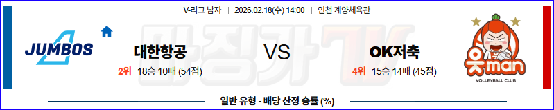 2026-02-18 V-리그 남자부 대한항공 OK 저축은행 국내농구/배구분석 무료중계 스포츠분석 관련 이미지