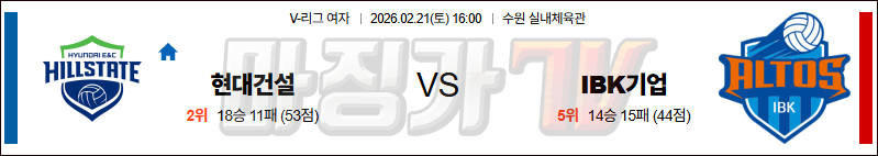2026-02-21 V-리그 여자부 현대건설 IBK 기업은행 국내농구/배구분석 무료중계 스포츠분석 관련 이미지