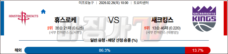 2026-02-26 NBA 휴스턴 로켓츠 새크라멘토 킹스 NBA분석 무료중계 스포츠분석 관련 이미지