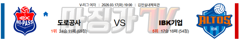 2026-03-17 V-리그 여자부 한국 도로공사 IBK 기업은행 국내농구/배구분석 무료중계 스포츠분석 관련 이미지